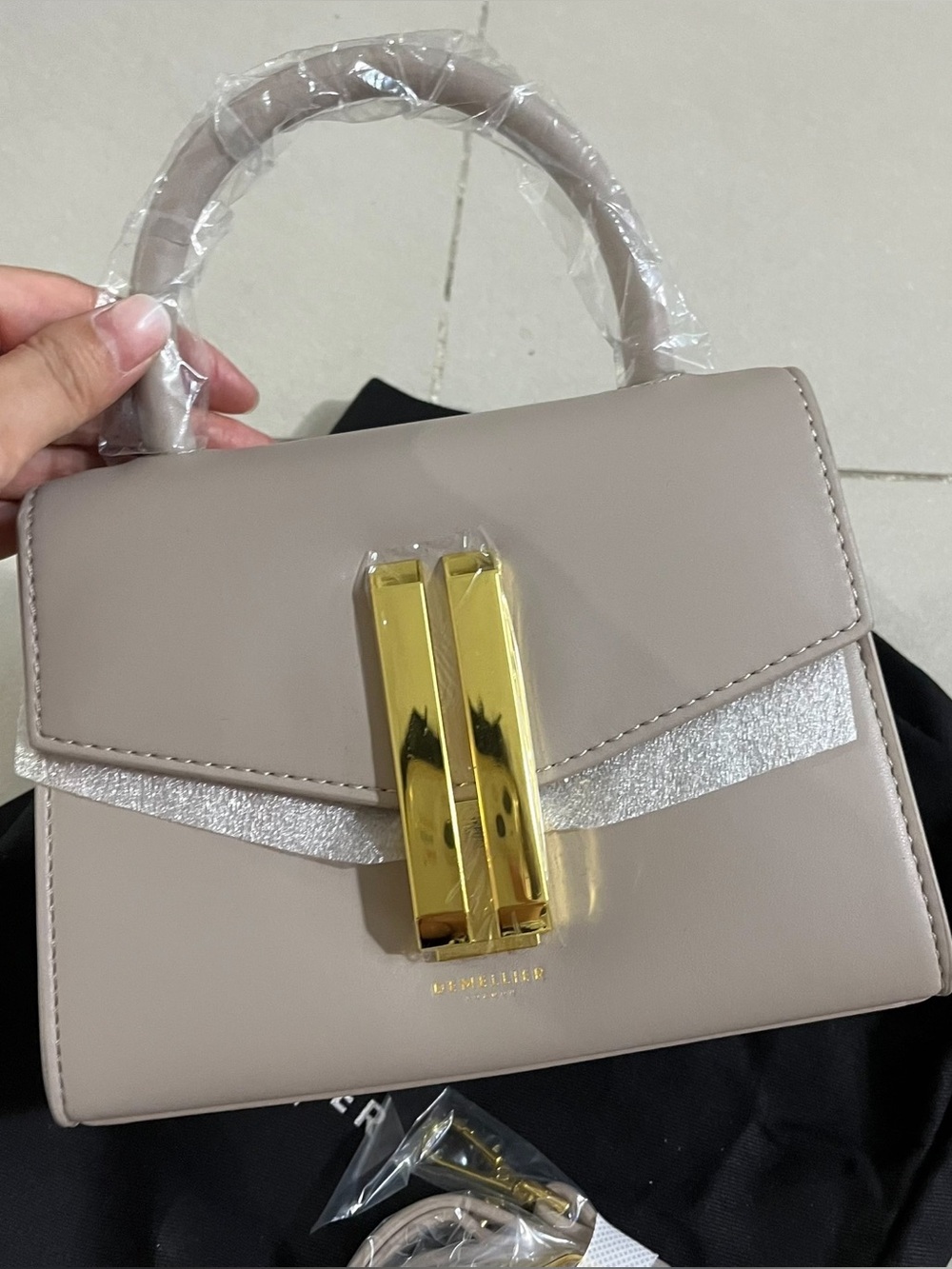 DeMellier Nano Montreal Taupe Leather Top Handle Bag